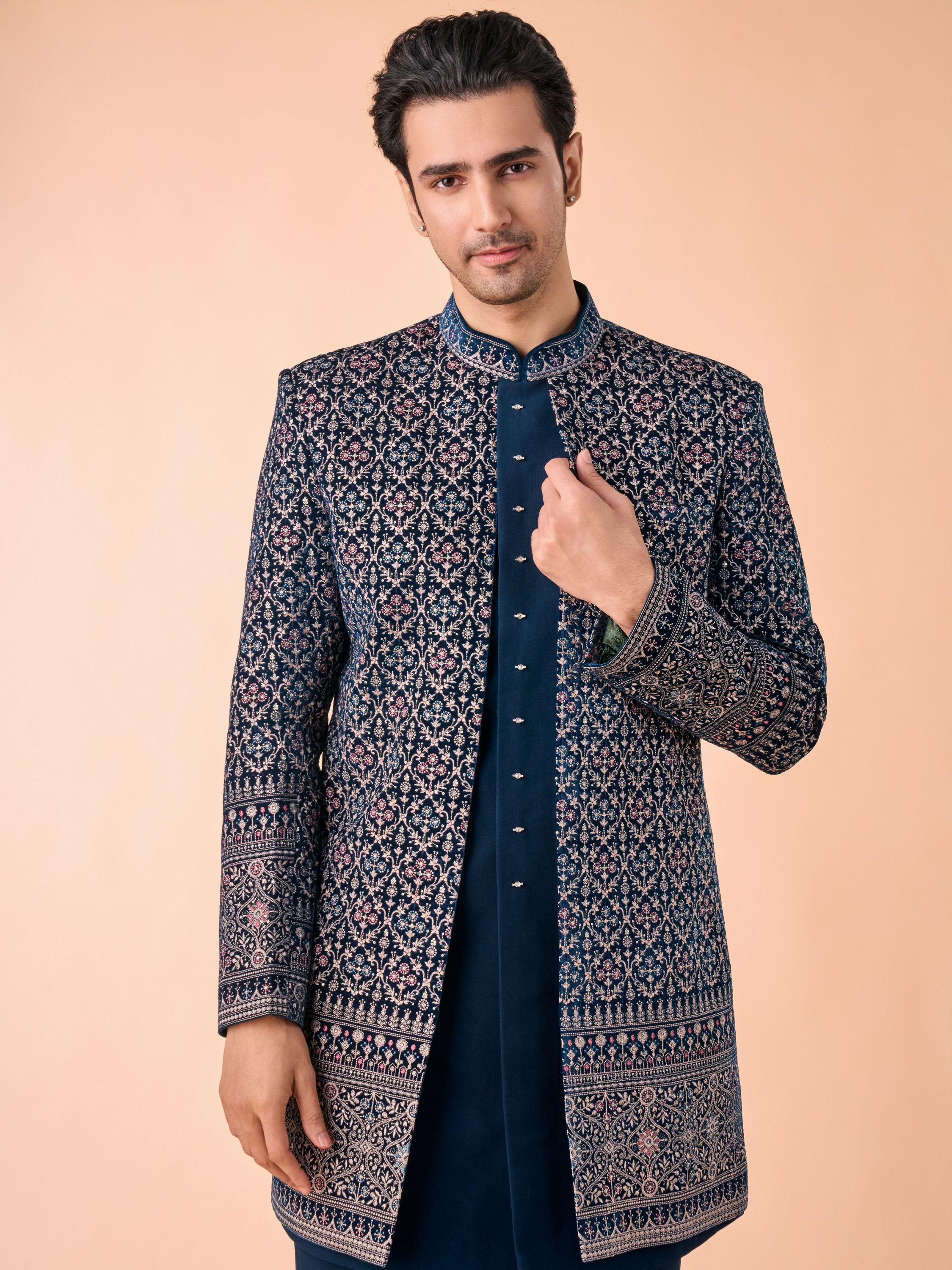 Manyavar Men Teal Blue Velvet Indo Western