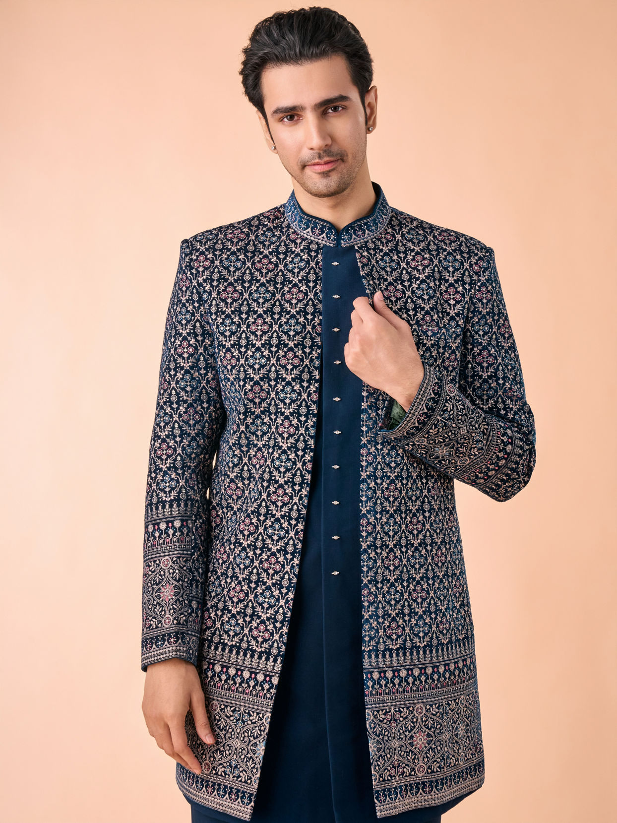 Manyavar Men Teal Blue Velvet Indo Western