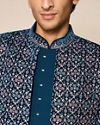 Manyavar Men Teal Blue Velvet Indo Western