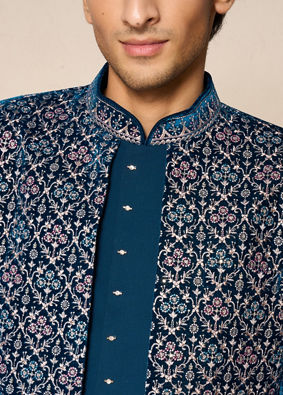 Manyavar Men Teal Blue Velvet Indo Western