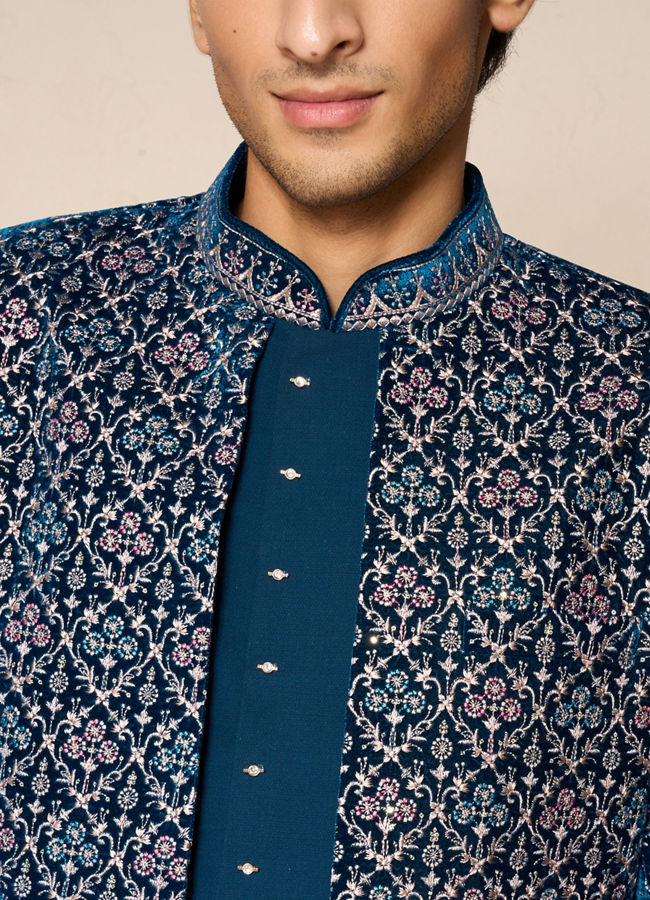 Manyavar Men Teal Blue Velvet Indo Western