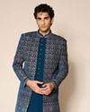 Manyavar Men Teal Blue Velvet Indo Western