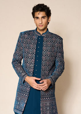 Manyavar Men Teal Blue Velvet Indo Western