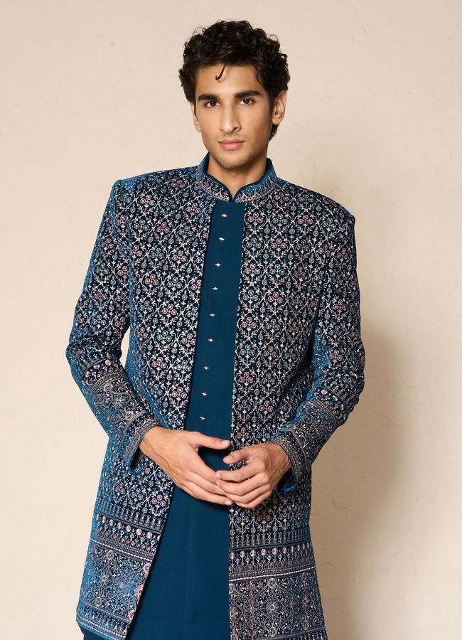 Manyavar Men Teal Blue Velvet Indo Western
