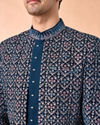 Manyavar Men Teal Blue Velvet Indo Western