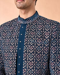 Manyavar Men Teal Blue Velvet Indo Western