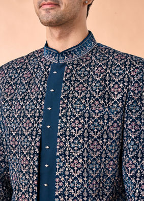 Manyavar Men Teal Blue Velvet Indo Western