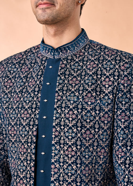 Manyavar Men Teal Blue Velvet Indo Western