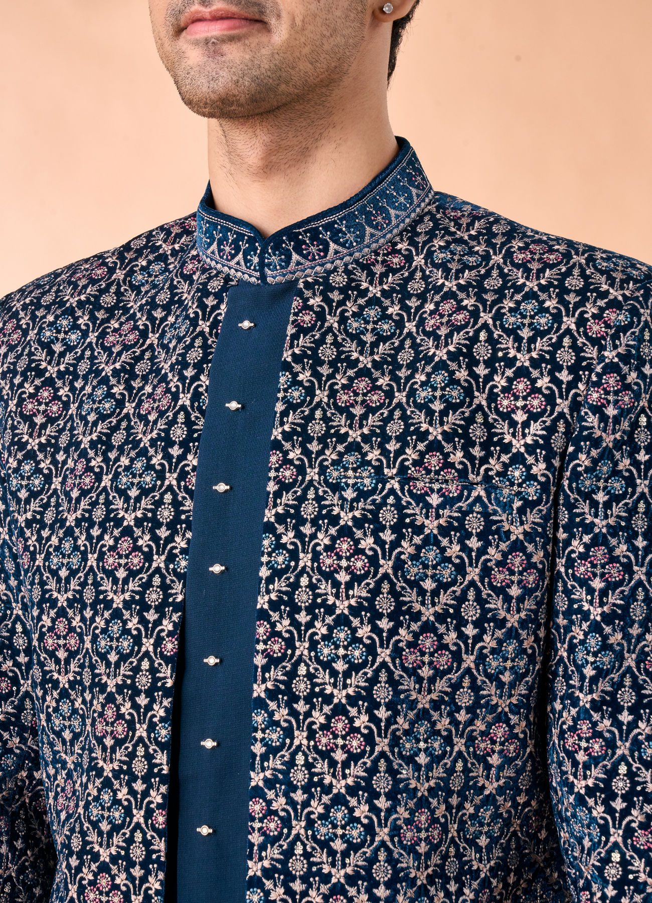 Manyavar Men Teal Blue Velvet Indo Western