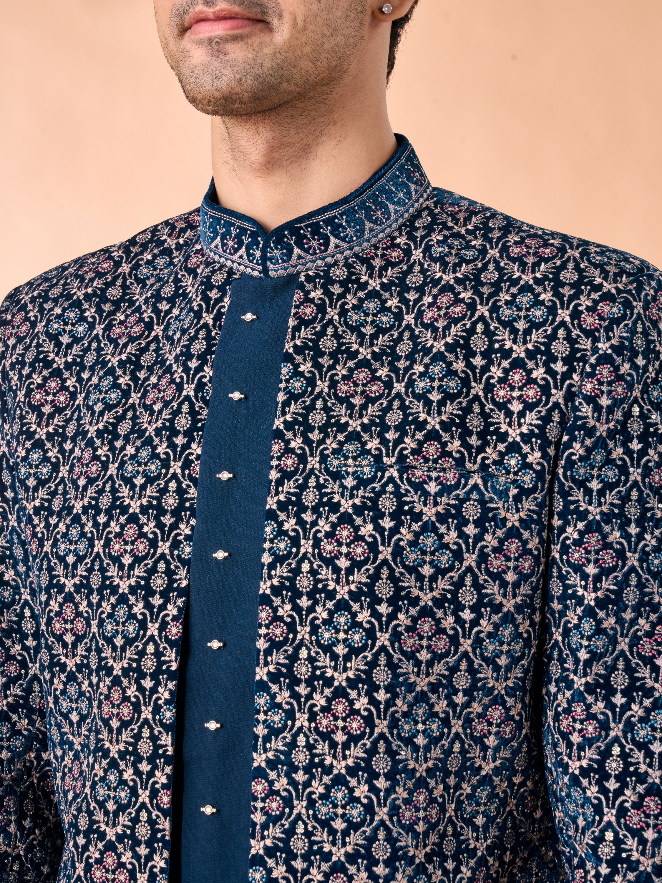 Manyavar Men Teal Blue Velvet Indo Western