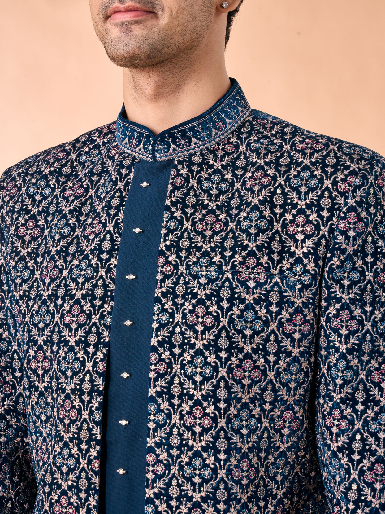 Manyavar Men Teal Blue Velvet Indo Western