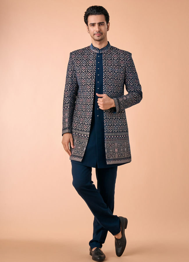 Manyavar Men Teal Blue Velvet Indo Western