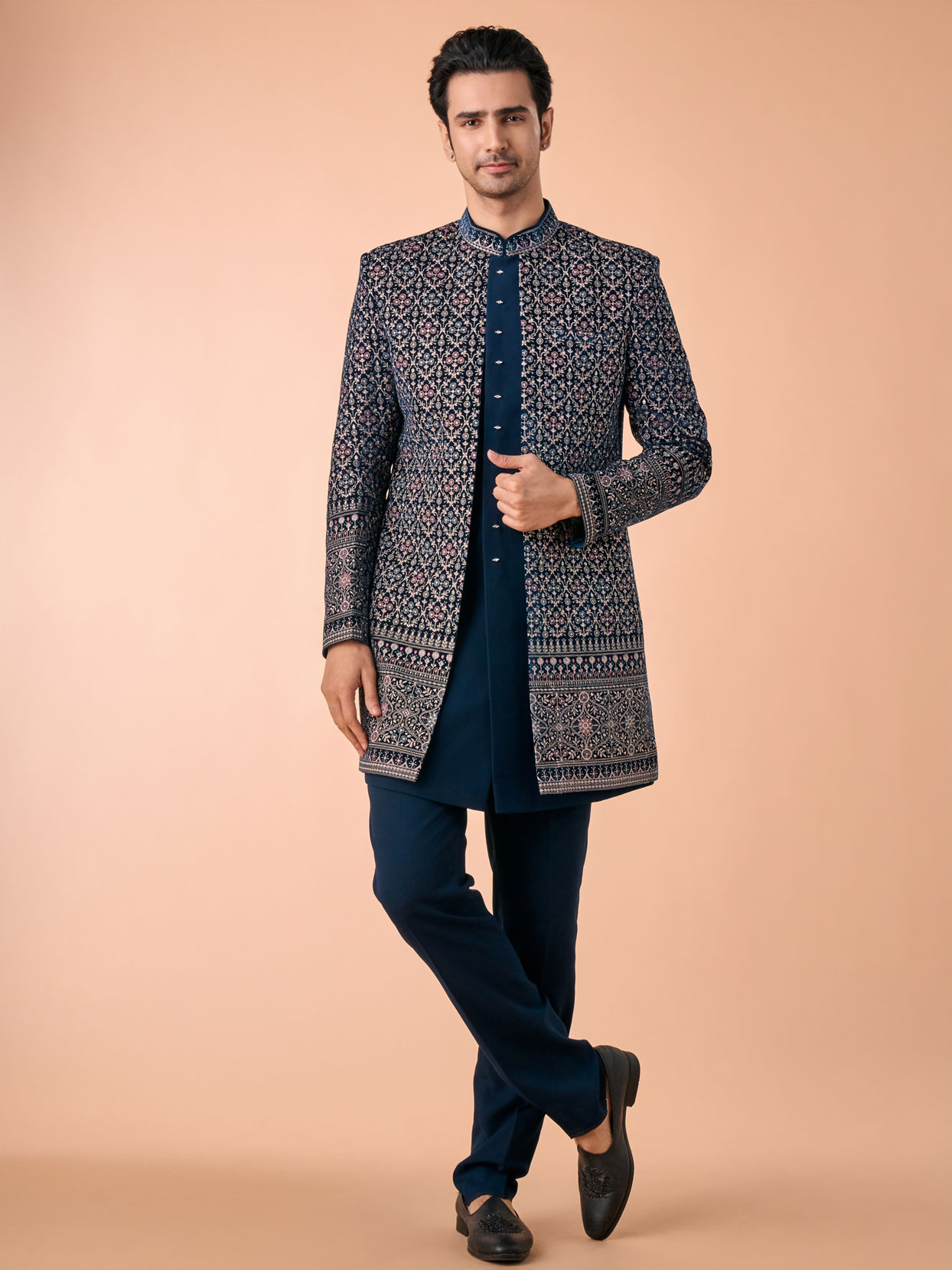 Manyavar Men Teal Blue Velvet Indo Western