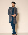 Manyavar Men Teal Blue Velvet Indo Western