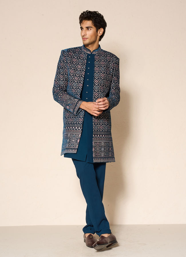 Manyavar Men Teal Blue Velvet Indo Western