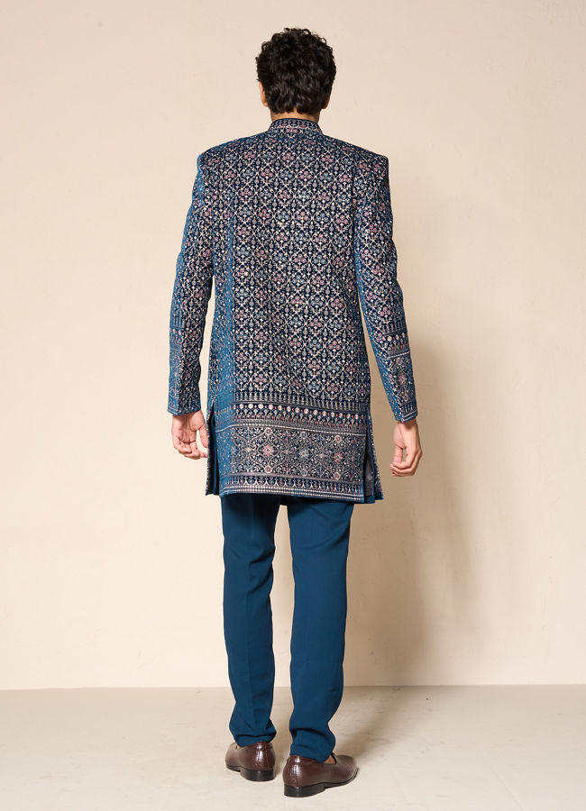 Manyavar Men Teal Blue Velvet Indo Western