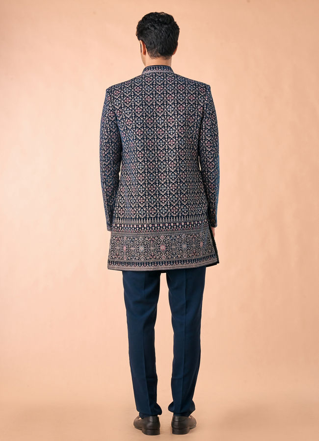 Manyavar Men Teal Blue Velvet Indo Western