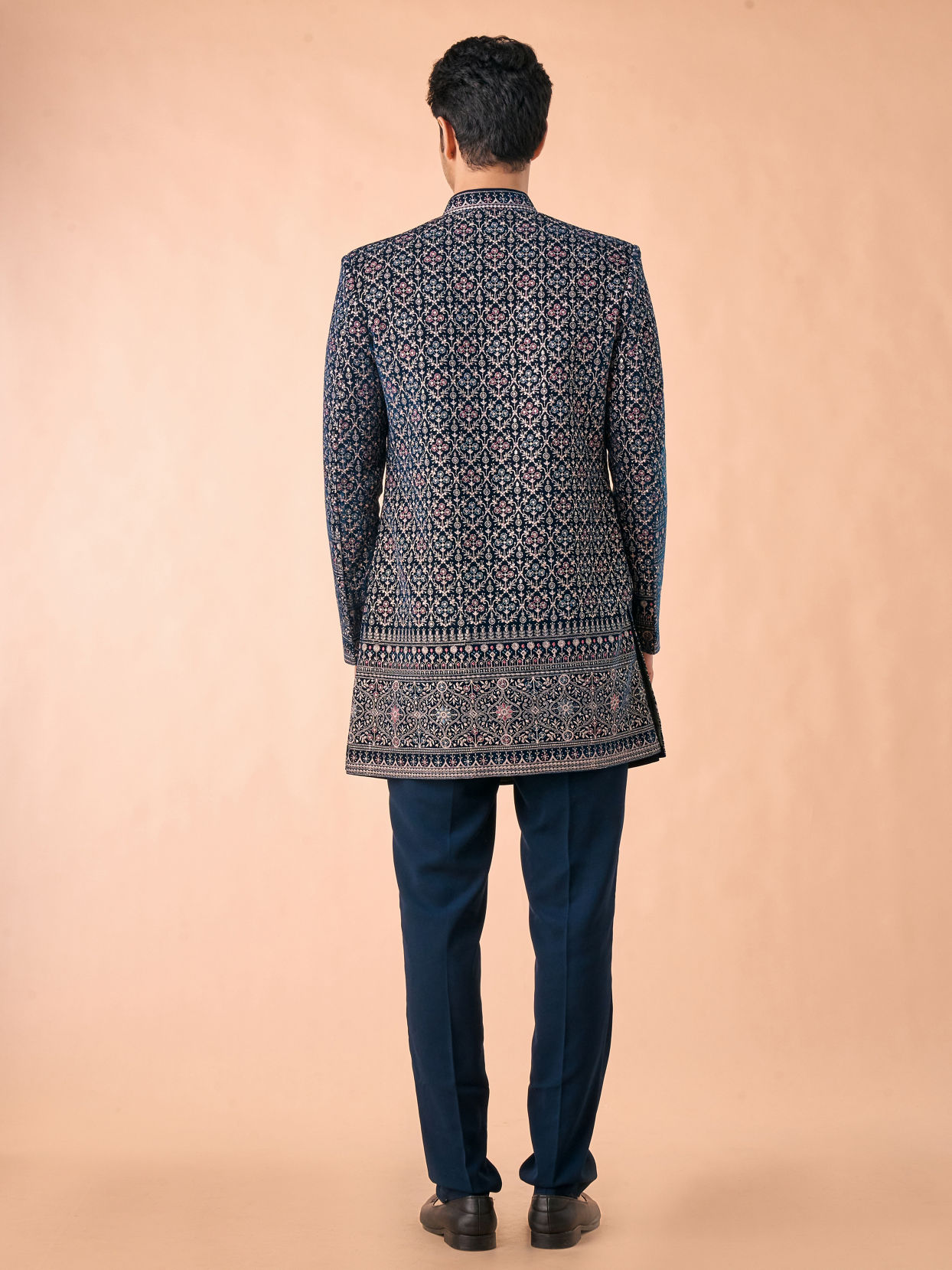 Manyavar Men Teal Blue Velvet Indo Western
