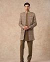 Manyavar Men Beige Velvet Indo Western Set with Embroidery