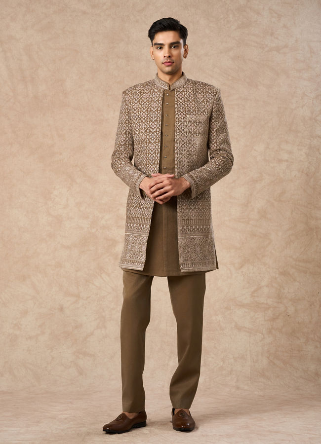 Manyavar Men Beige Velvet Indo Western Set with Embroidery
