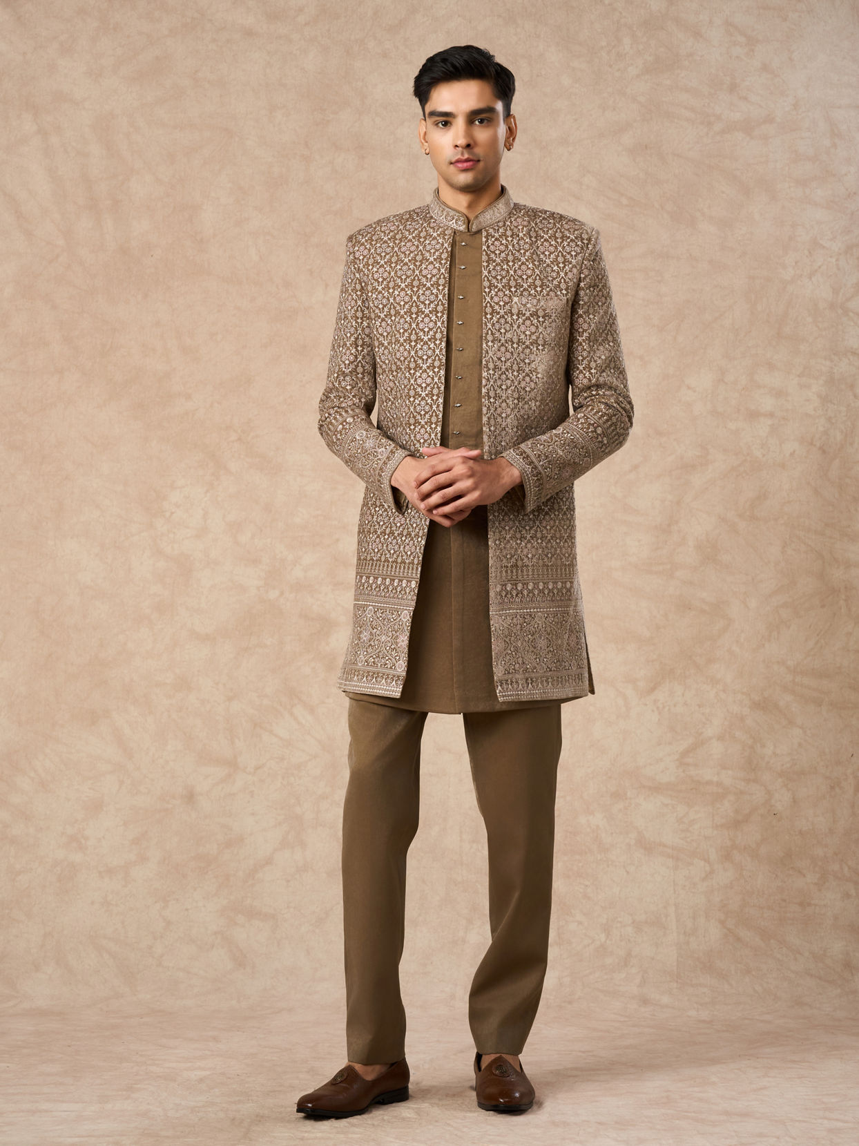Manyavar Men Beige Velvet Indo Western Set with Embroidery