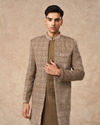 Manyavar Men Beige Velvet Indo Western Set with Embroidery