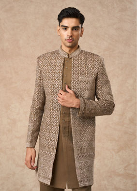 Manyavar Men Beige Velvet Indo Western Set with Embroidery
