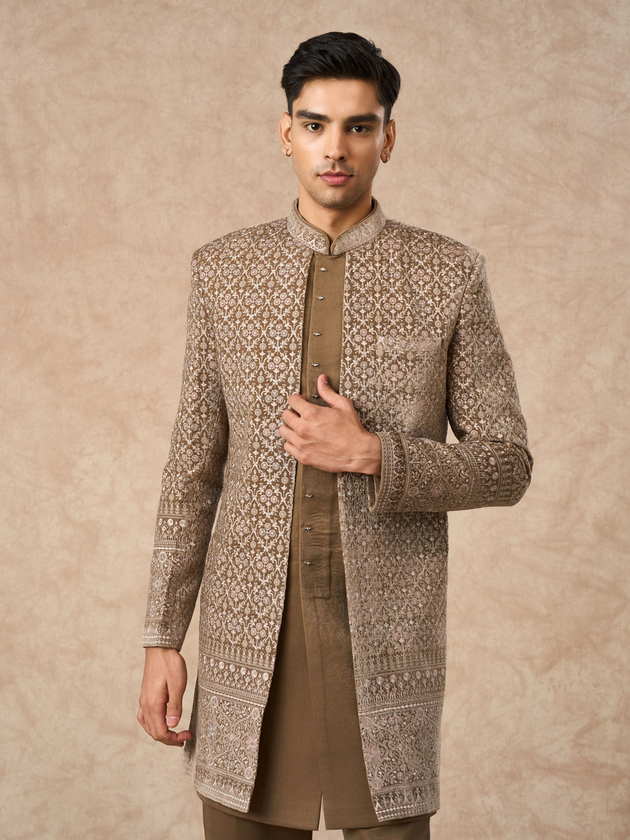 Manyavar Men Beige Velvet Indo Western Set with Embroidery