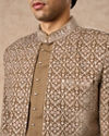 Manyavar Men Beige Velvet Indo Western Set with Embroidery