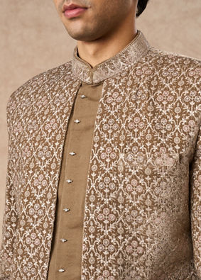 Manyavar Men Beige Velvet Indo Western Set with Embroidery