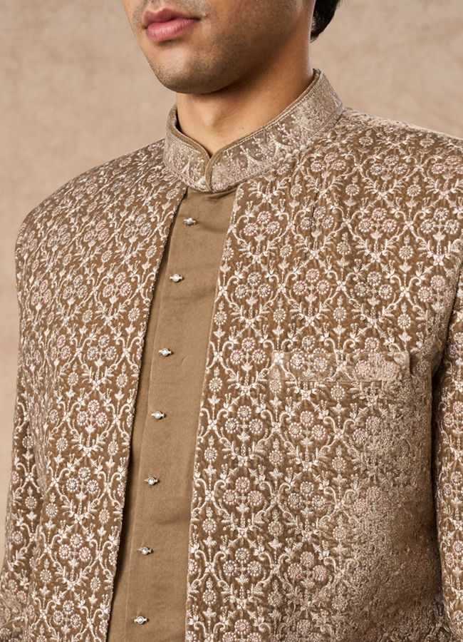 Manyavar Men Beige Velvet Indo Western Set with Embroidery