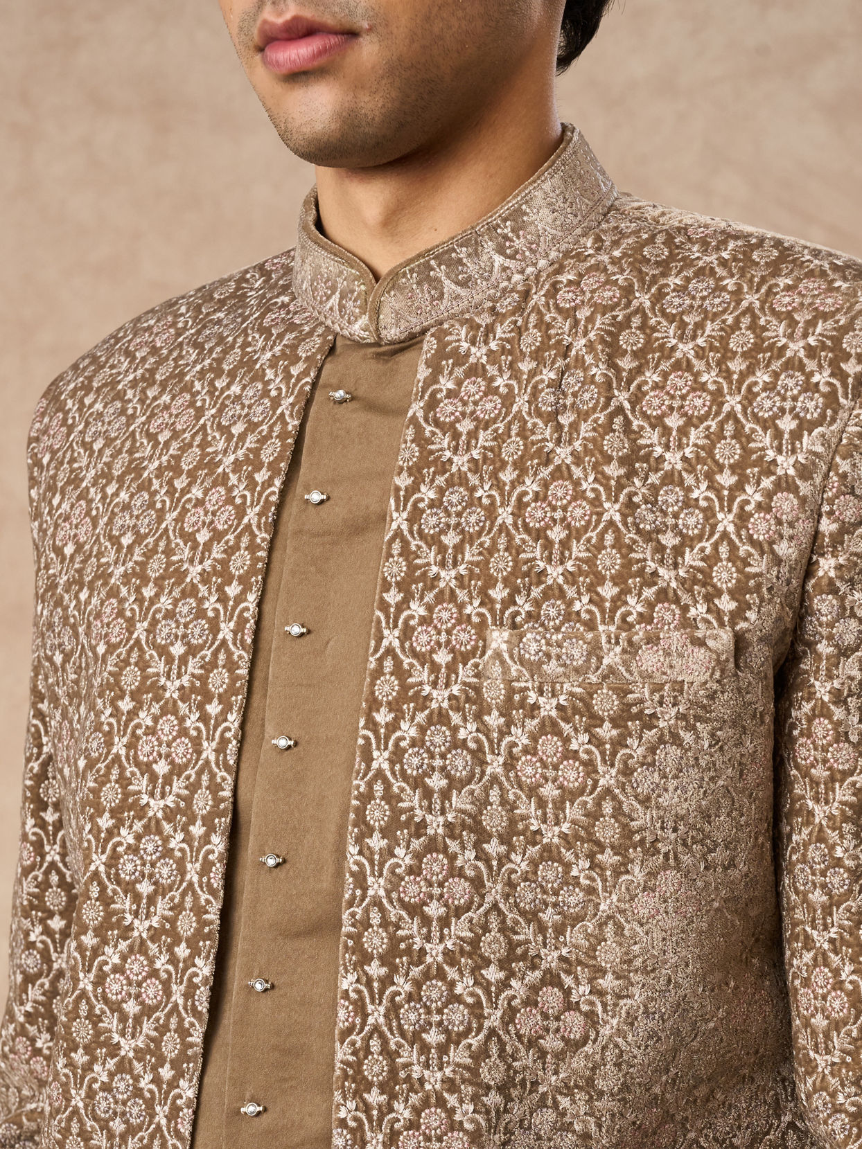 Manyavar Men Beige Velvet Indo Western Set with Embroidery