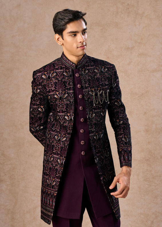Manyavar Men Purple Embroidered Indo-Western
