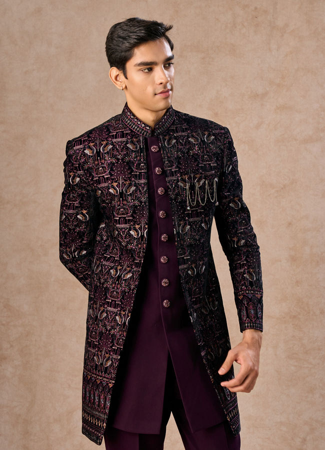 Manyavar Men Purple Velvet Indo-Western Ensemble with Embroidery