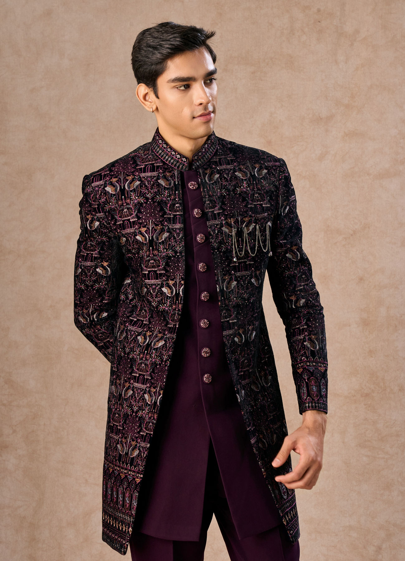 Manyavar Men Purple Embroidered Indo-Western