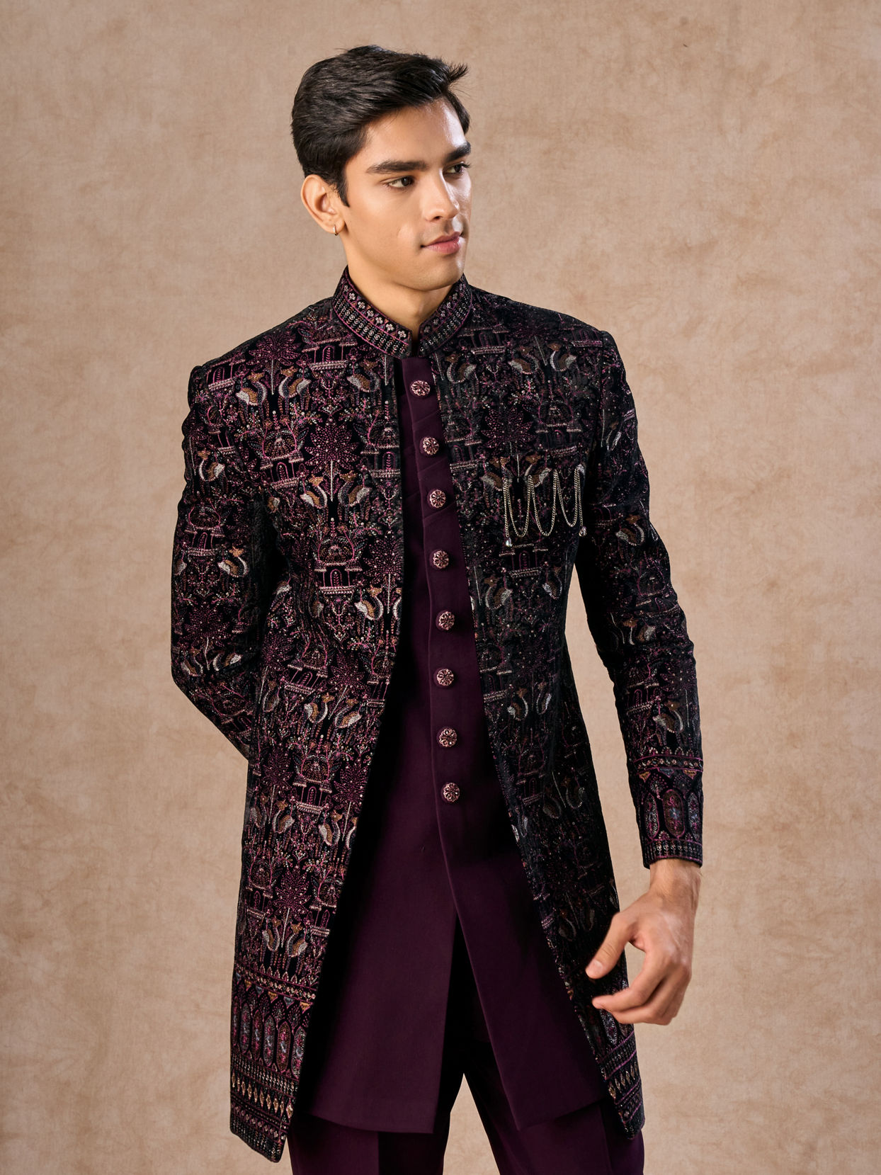 Manyavar Men Purple Velvet Indo-Western Ensemble with Embroidery