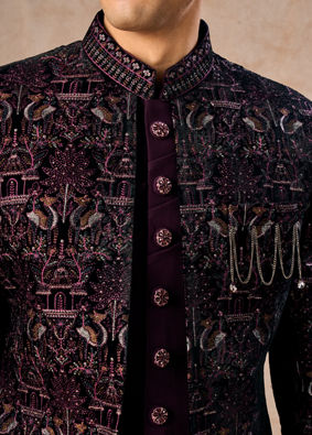 Manyavar Men Purple Velvet Indo-Western Ensemble with Embroidery