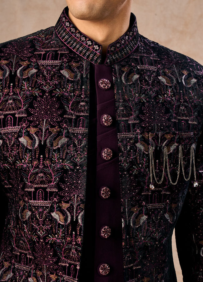 Manyavar Men Purple Velvet Indo-Western Ensemble with Embroidery