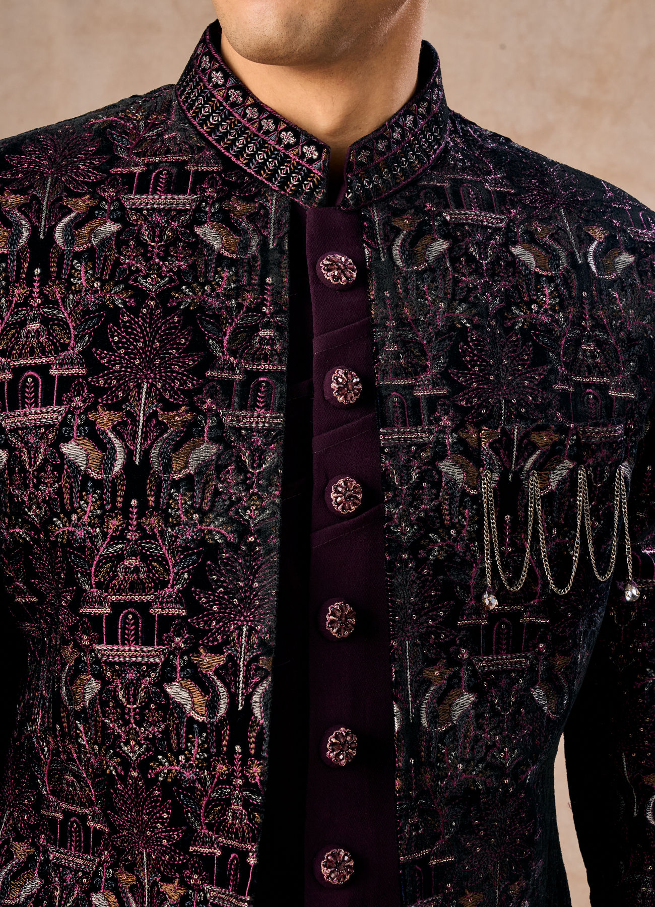 Manyavar Men Purple Embroidered Indo-Western