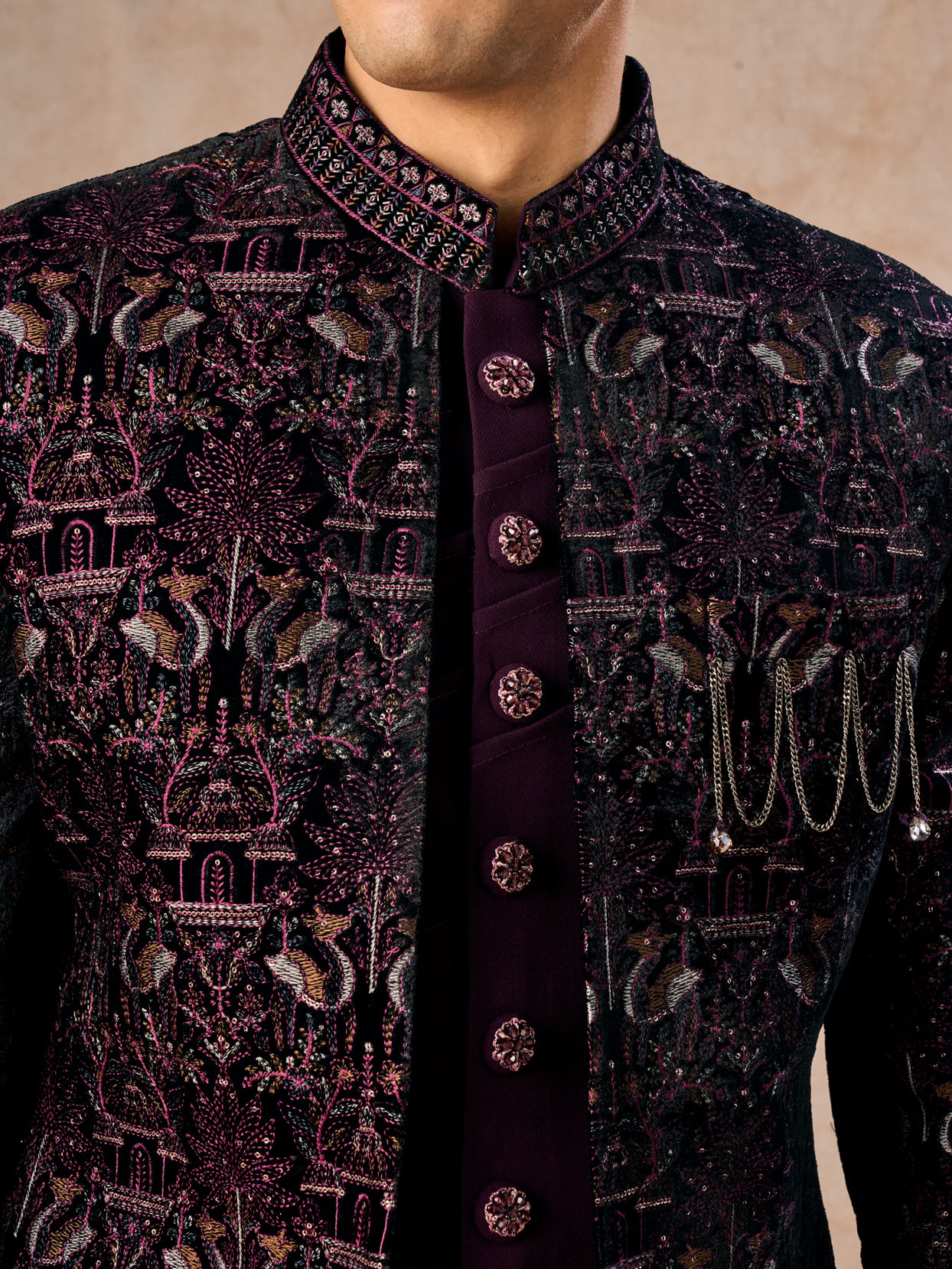 Manyavar Men Purple Velvet Indo-Western Ensemble with Embroidery