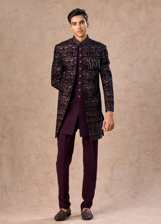 Manyavar Men Purple Embroidered Indo-Western