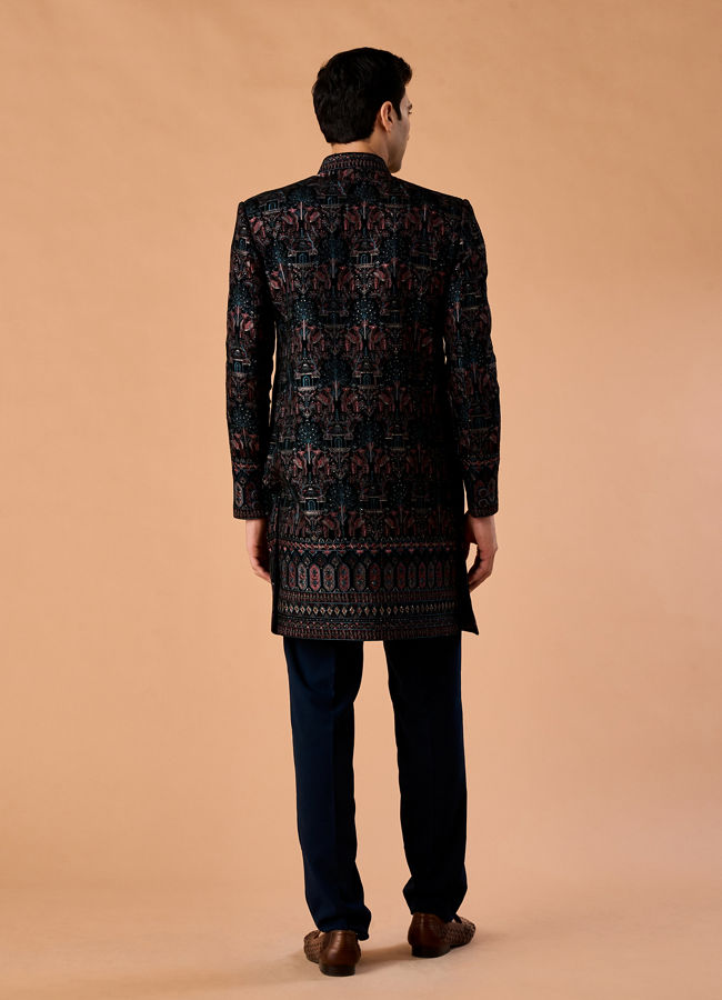 Manyavar Men Teal Green Velvet Indo Western