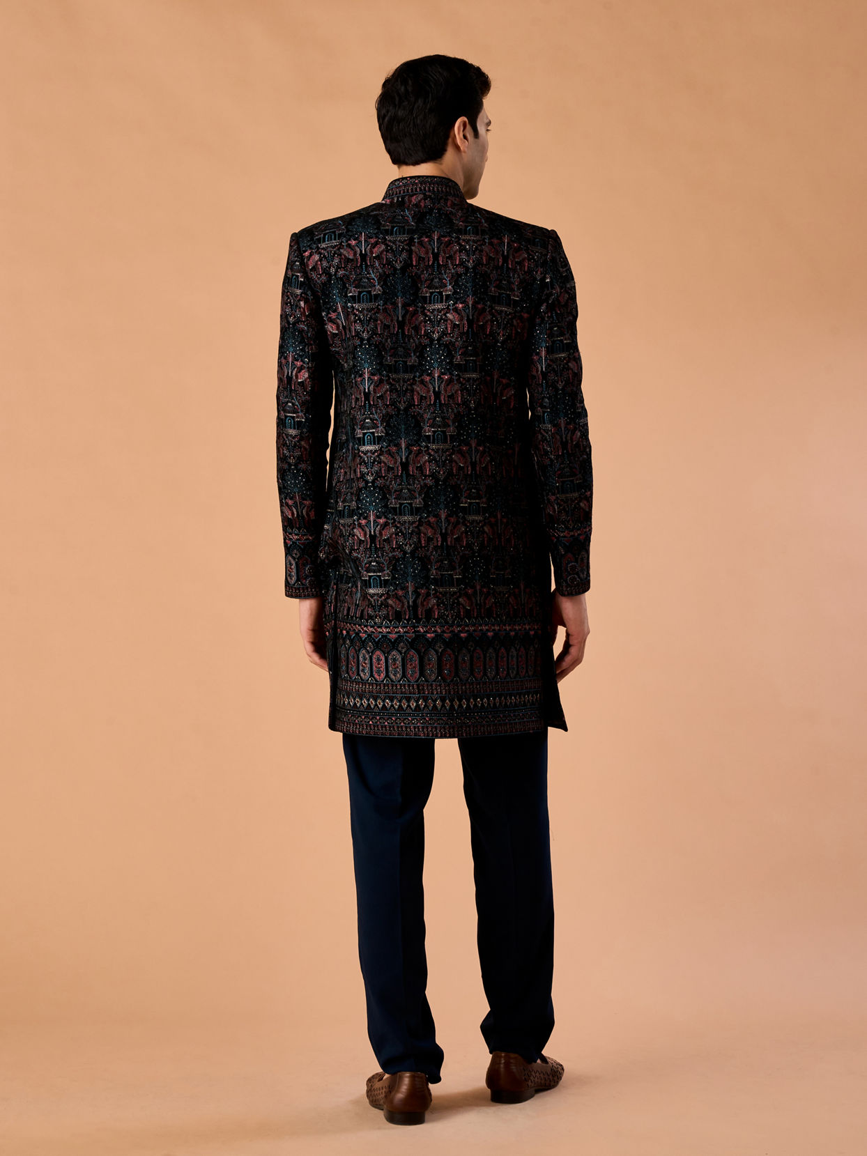 Manyavar Men Teal Green Velvet Indo Western