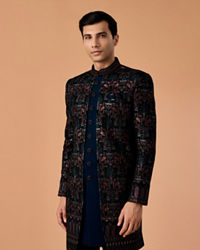 Manyavar Men Teal Green Velvet Indo Western
