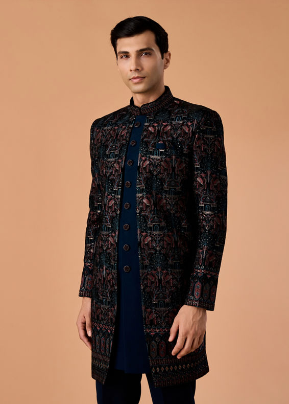 Manyavar Men Teal Green Velvet Indo Western