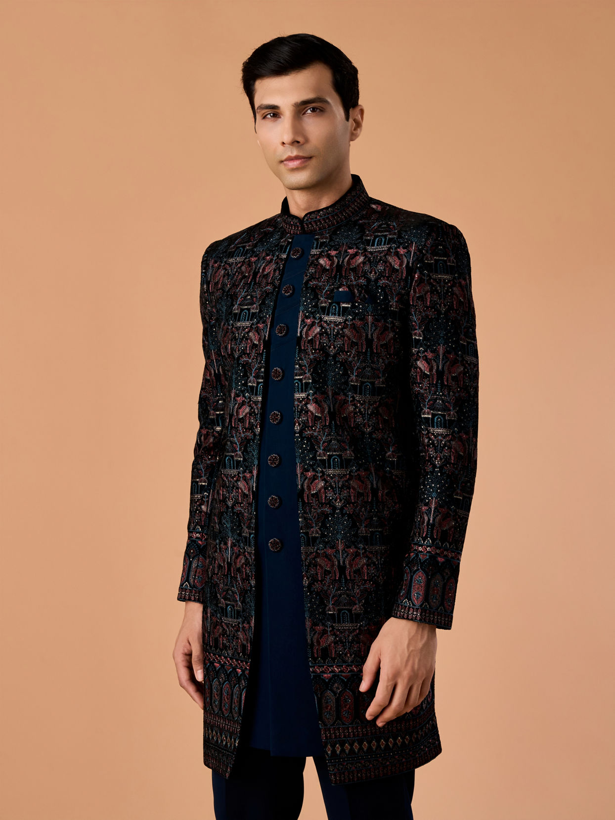 Manyavar Men Teal Green Velvet Indo Western