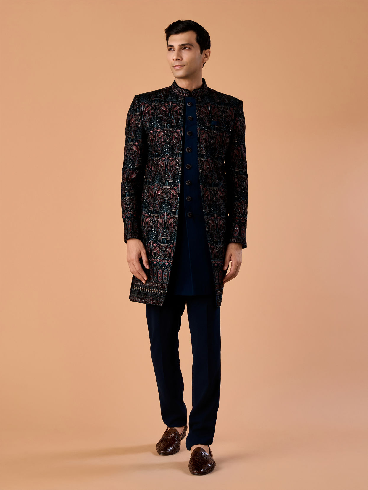 Manyavar Men Teal Green Velvet Indo Western