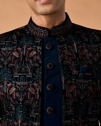 Manyavar Men Teal Green Velvet Indo Western