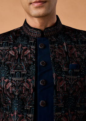 Manyavar Men Teal Green Velvet Indo Western