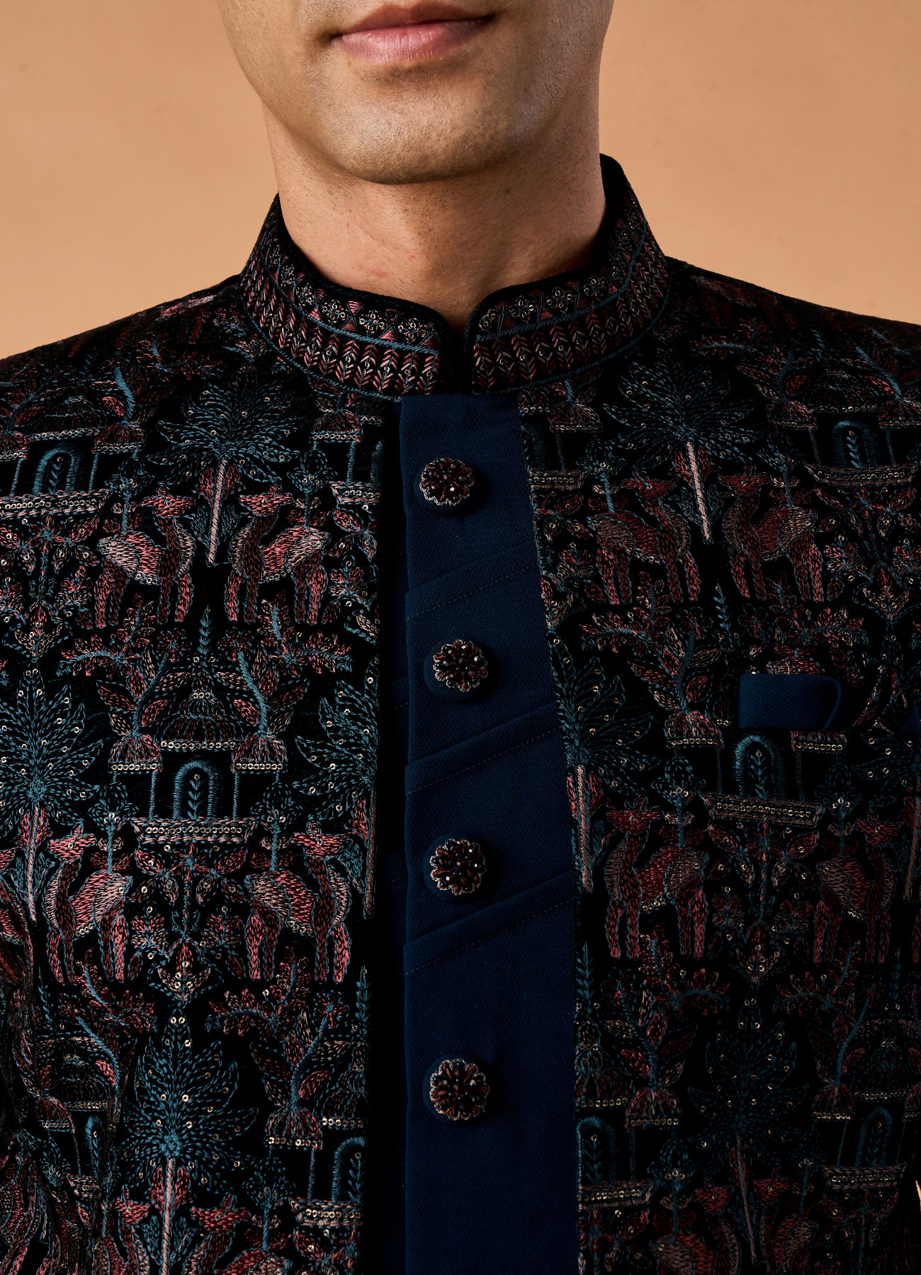 Manyavar Men Teal Green Velvet Indo Western